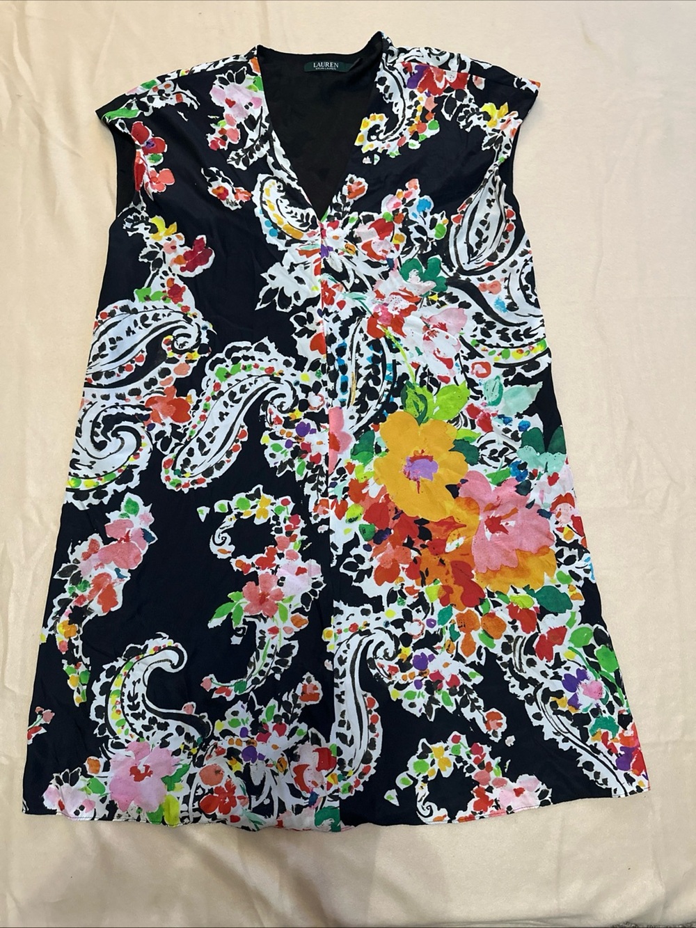 Lauren Ralph Lauren Womens Sleeveless Sheath Dress Size 12 Paisly Floral Black